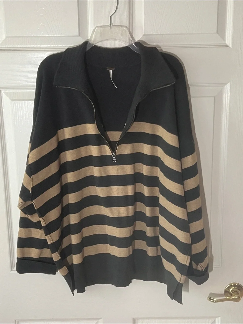 Free People Coastal Stripe Half-Zip Pullover Sweater in‎ Dark Gray & Tan, Sz XL